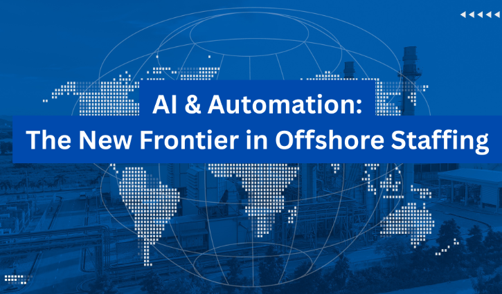 A digital world map overlay with bold text—AI & Automation: The New Frontier in Offshore Staffing—set against a blue industrial background featuring building and factory silhouettes, highlights automation’s impact on global staffing solutions.