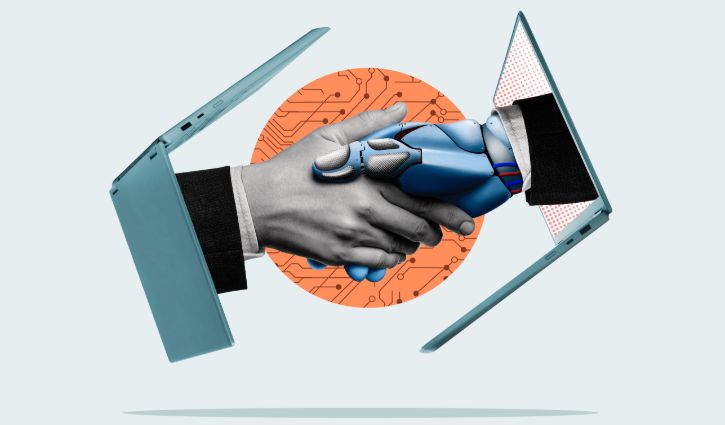 A human hand and a robotic hand shake, each emerging from separate laptop screens with an orange circuit pattern in the background, symbolizing human-AI collaboration in creating effective prompts and advancing AI search.