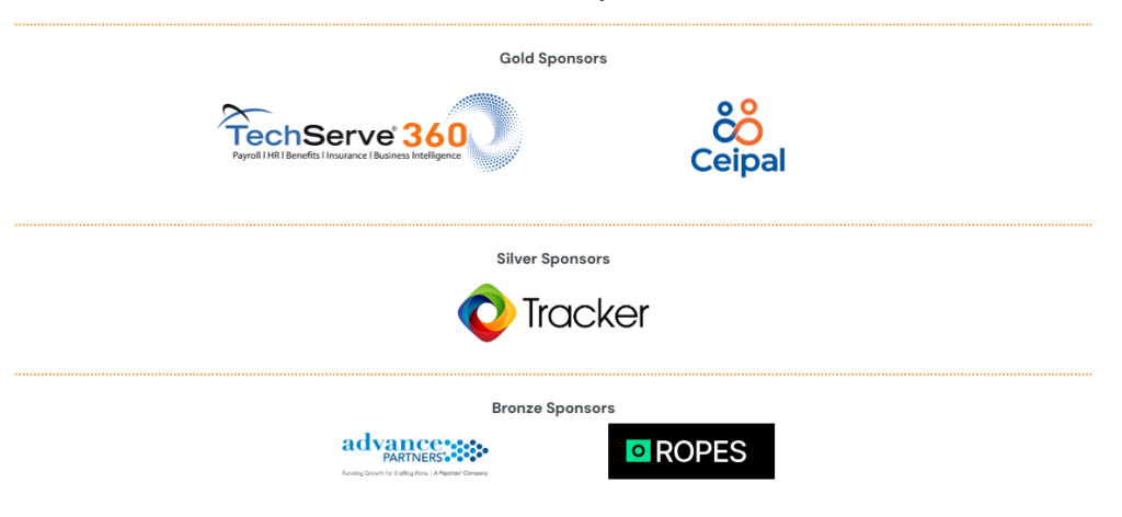 Executive Summit 37 Sponsor logos for the Executive Summit are arranged by tier: Gold Sponsors (TechServe 360, Ceipal), Silver Sponsor (Tracker), Bronze Sponsors (advance partners, Ropes), all on a white background with section headers.