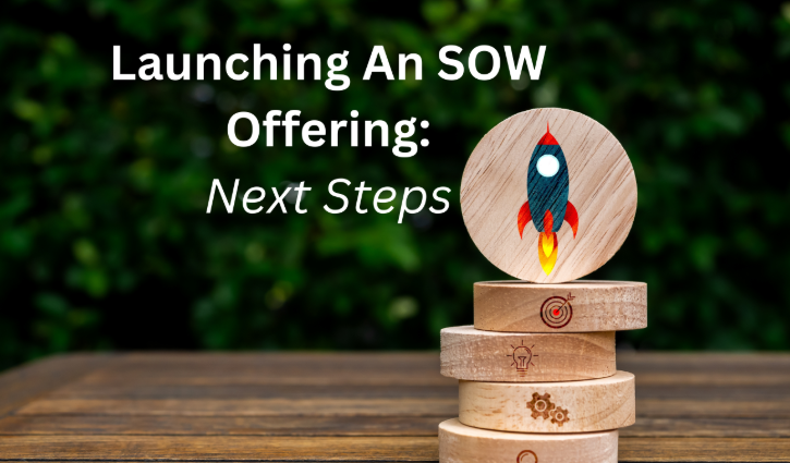 Wooden blocks stacked on a table, with a rocket illustration on the top block. The text reads Launching SOW Offering: Next Steps. Green foliage is visible in the background.