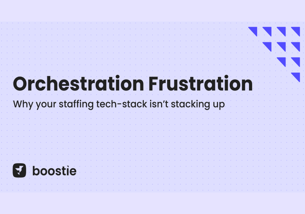 Orchestration Frustration: Why Your Staffing Tech Stack Isn’t Stacking Up 1 Slide with the title Orchestration Frustration: Why your staffing stack isn’t stacking up, boostie logo and name at the bottom left, and blue triangle shapes in the top right corner.