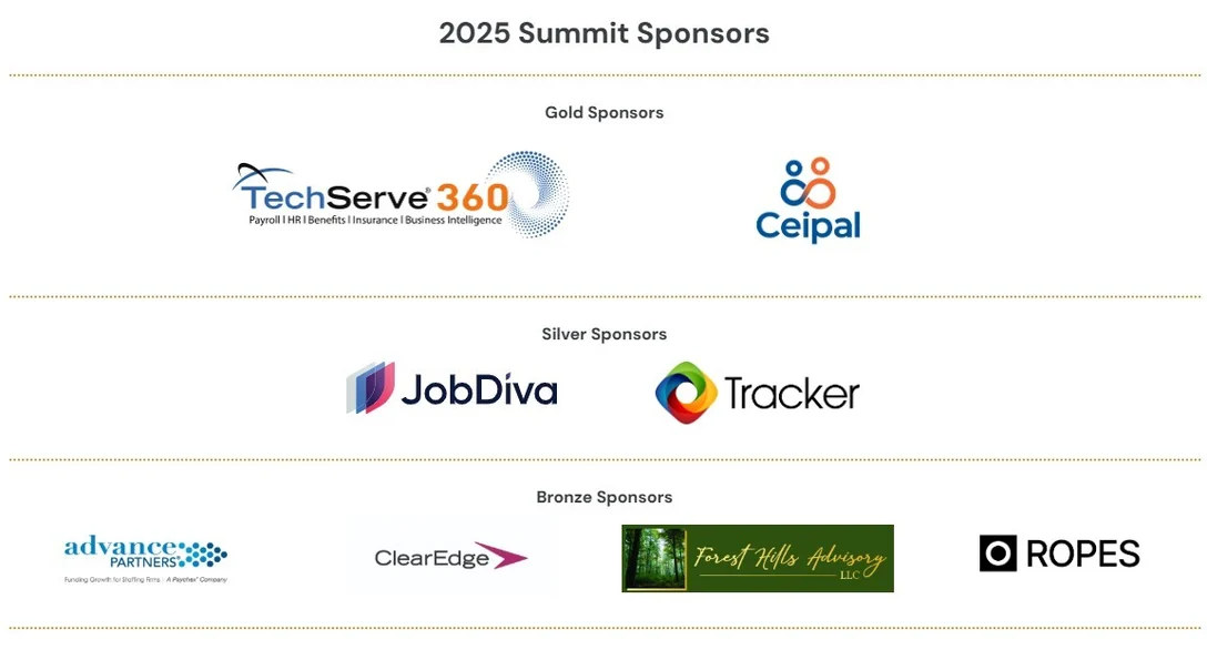A graphic listing the 2025 Summit Sponsors and highlighting each sponsor benefit: Gold Sponsors—TechServe360 and Ceipal; Silver Sponsors—JobDiva and Tracker; Bronze Sponsors—Advance Partners, ClearEdge, Forest Hills Advisory, and Ropes.