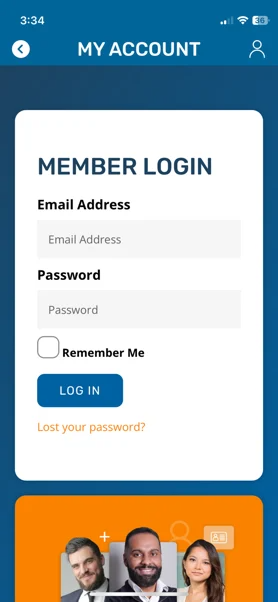 TechServe Alliance Mobile App 4 A mobile screen on the TechServe Mobile App displays a Member Login form with fields for email address and password, a Remember Me checkbox, a blue Log In button, and a Lost your password? link below.