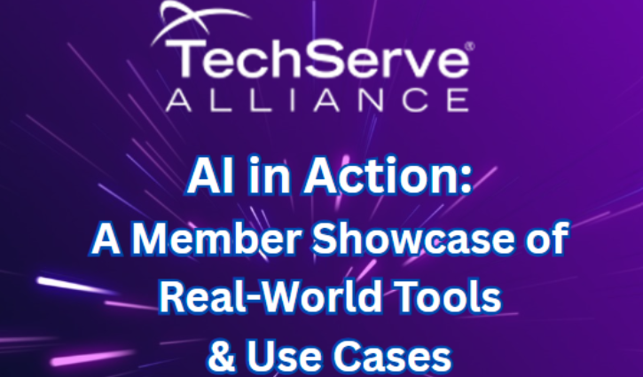 TechServe Alliance logo above the text: AI in Action—exploring real-world AI tools and use cases—on a purple background with dynamic light streaks.