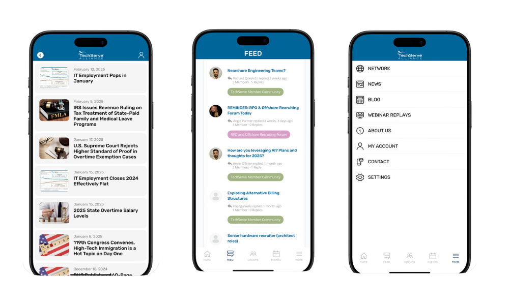 TechServe Alliance Mobile App 1 Three smartphone screens display the TechServe Mobile App interface: news articles list, a feed with user messages and reminders, and a navigation menu with options like network, blog, account, and settings.