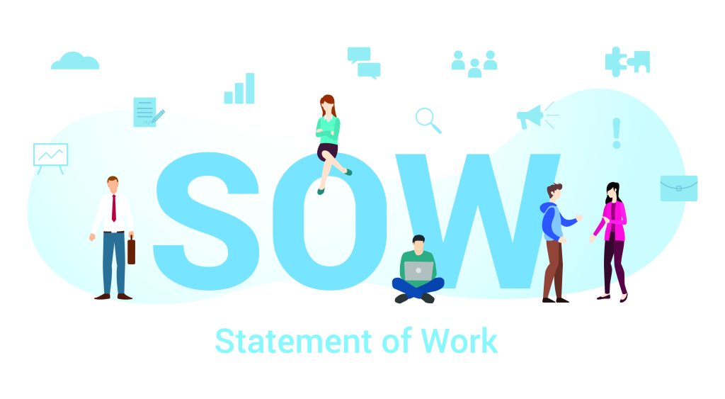 Adding Statement of Work to the Mix 1 Illustration of large blue SOW letters with Statement of Work written underneath. People gather around the SOW, with work-related icons like charts and laptops in the background, highlighting a collaborative approach to project planning.