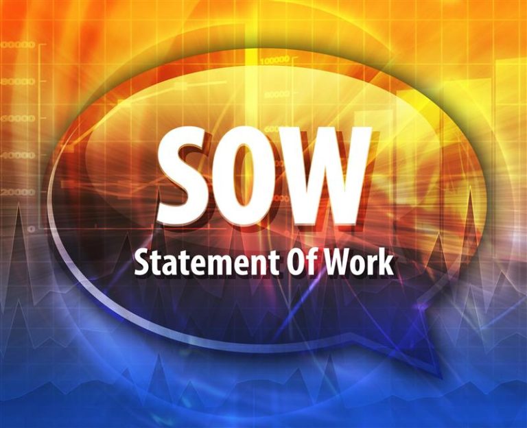 Colorful abstract background with a speech bubble displaying bold white text, SOW Statement Of Work. The design features vibrant orange, yellow, and blue gradients with subtle chart graphics, highlighting the importance of your SOW.