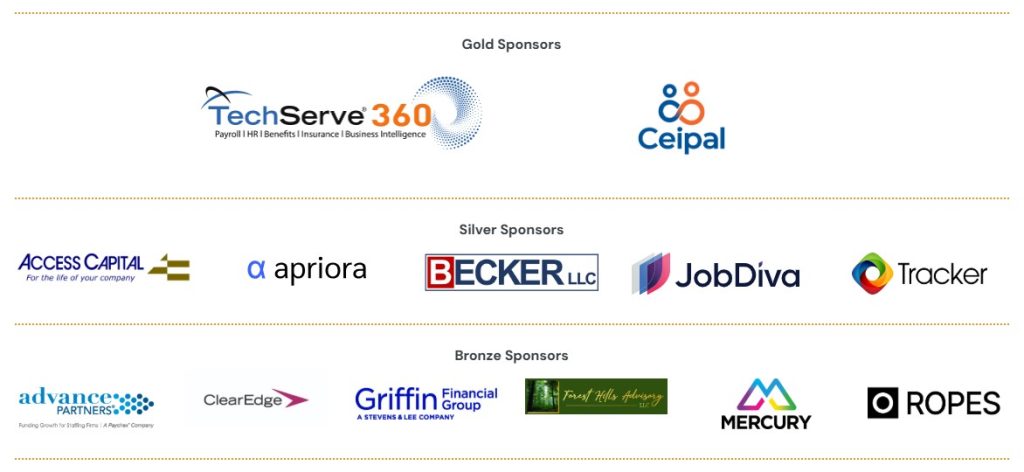 Executive Summit 37 A sponsor recognition graphic for the Executive Summit featuring logos of Gold Sponsors (TechServe 360, Ceipal), Silver Sponsors (Access Capital, apriora, BECKER LLC, JobDiva, Tracker), and Bronze Sponsors (advance partners, ClearEdge, Griffin Financial Group, The Ash Group, MERCURY, ROPES).