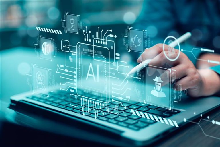 A person uses a stylus on a laptop keyboard with digital graphics of AI symbols, circuit patterns, and security icons superimposed, illustrating how integrating software can boost your bottom line through advanced artificial intelligence and cybersecurity technology.