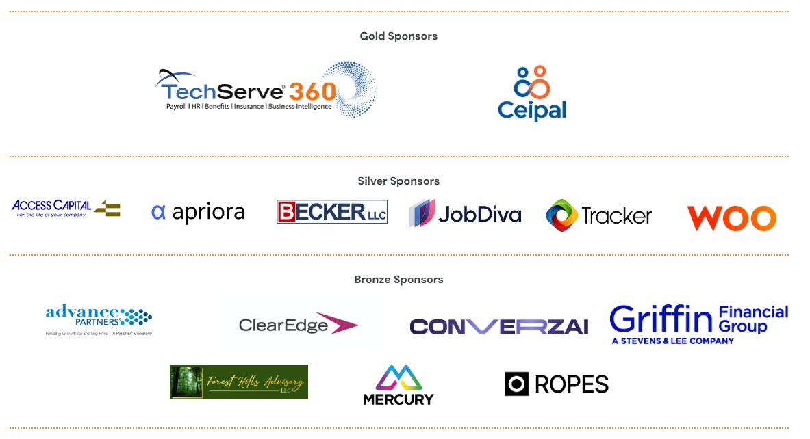 NEW Sponsor Benefit - Solution Spotlight 4 A sponsor page displaying logos of Gold, Silver, and Bronze sponsors, plus a Solution Spotlight highlighting Sponsor Benefits from TechServe 360, Ceipal, Access Capital, apriora, BECKER LLC, JobDiva, Tracker, WOO, ClearEdge, advance partners, and more.