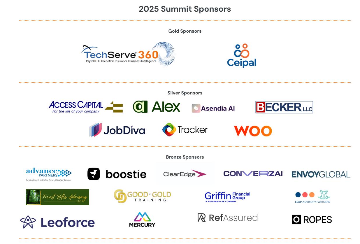 Logos of the 2025 Summit Sponsors, grouped into Gold, Silver, and Bronze categories, including top TechServe companies like TechServe360, Ceipal, JobDiva, and others, will be featured in our Solution Spotlight.