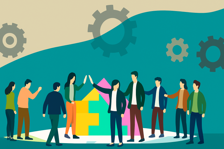 Illustration of a diverse group standing together, some giving high fives, with colorful geometric shapes and gears in the background, representing teamwork and client collaboration in a unified ATS environment.