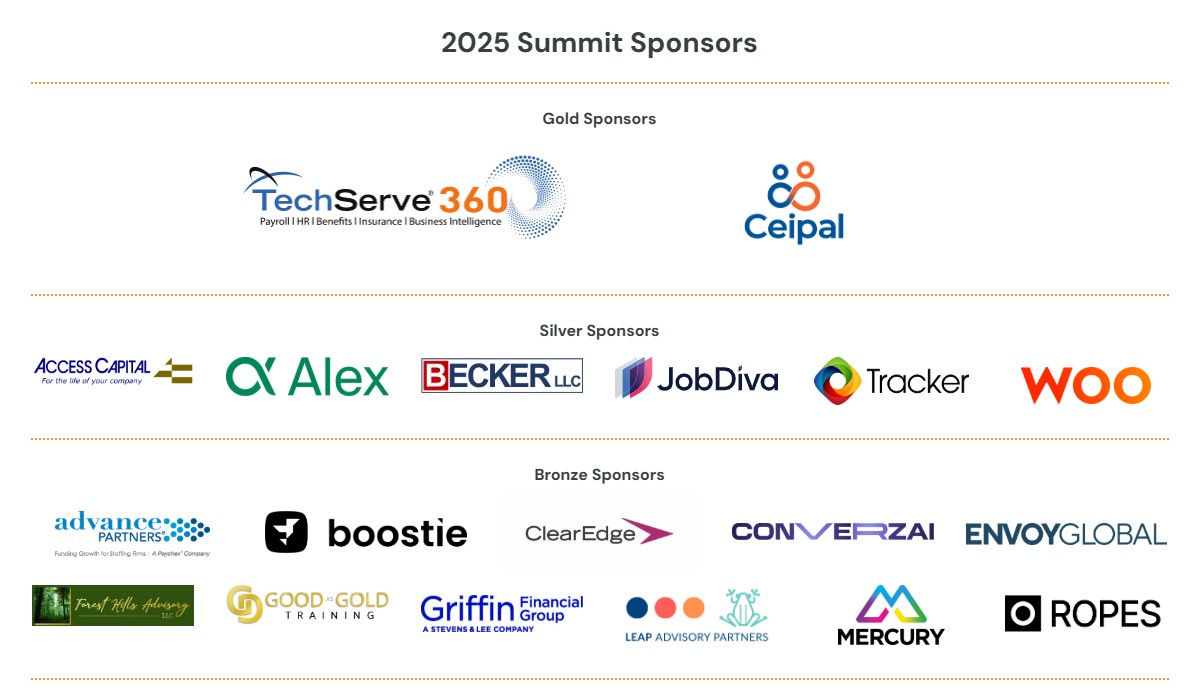 NEW Sponsor Benefit - Solution Spotlight 4 2025 Summit Sponsors: Gold—TechServe360 and Ceipal; Silver—Access Capital, Alex, Becker LLC, JobDiva, Tracker, WOO; Bronze—Advance Partners, Boostie, ClearEdge, ConverzAI, EnvoyGlobal and more. Enjoy exclusive Sponsor Benefits and Solution Spotlights!.