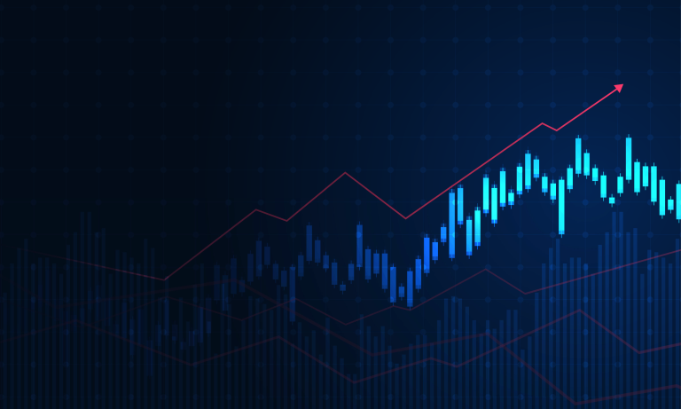 A digital chart shows blue candlestick bars rising, with a red trend line and arrow pointing upward, illustrating IT staffing or engineering staffing growth against a dark blue grid background.