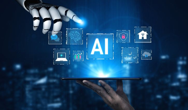 A robotic hand points at floating digital icons and the letters AI above a tablet held by a human hand, symbolizing AI in staffing technology and seamless human-machine collaboration.