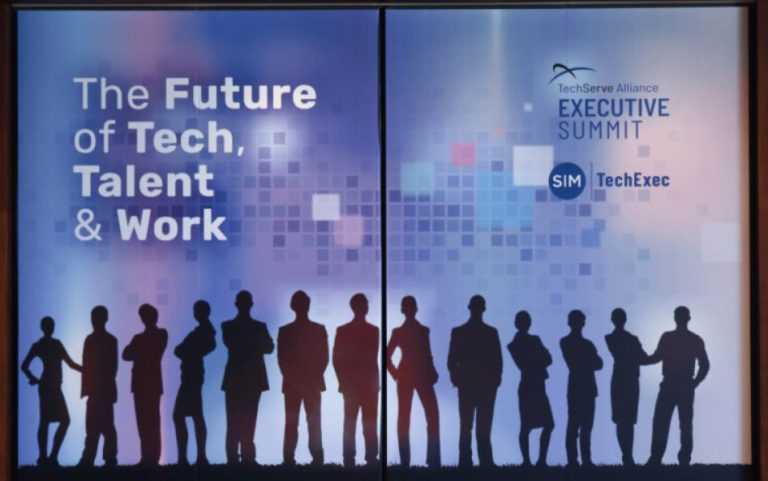 A banner reads The Future of Tech, Talent, Market & Work with silhouettes of people standing in a row and logos for TechServe Alliance Executive Summit, SIM, and TechExec on a blue digital-themed background.