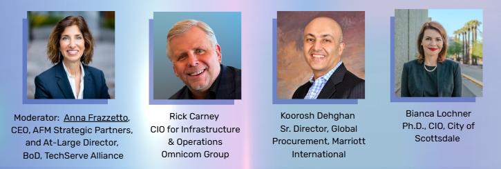 What Today’s IT Staffing Buyers Really Want: How Top Decision-Makers Evaluate, Select, and Trust Their Partners 1 Four business professionals are shown, each with their name, title, and company, on individual photo panels. From left: Anna Frazzetto, Rick Carney, Koorosh Dehghan, and Bianca Lochner, against a soft, gradient background.
