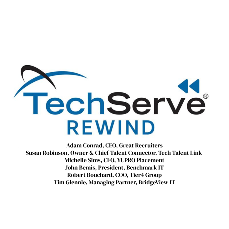 Logo for TechServe REWIND with a list of names and titles below, including CEOs, partners, and leaders from IT staffing and recruitment companies.