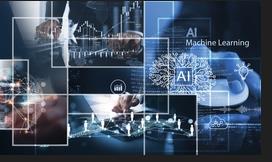 A digital collage featuring charts, graphs, a human hand interacting with a screen, and abstract icons representing AI and machine learning; the words AI Machine Learning are visible.