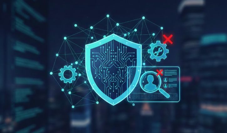 A digital shield with circuit patterns is at the center, surrounded by gears, network lines, and cybersecurity icons—alluding to performance validation and preventing fraud in hiring—such as a magnifying glass over a user profile with a red X, set against a cityscape background.