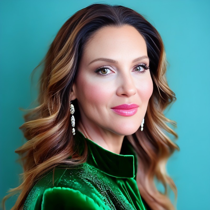 A woman with long, wavy brown hair and highlights wears a green velvet top and dangling earrings, posing in front of a teal background and smiling softly—reflecting the confidence of an Expert Network professional at TechServe.