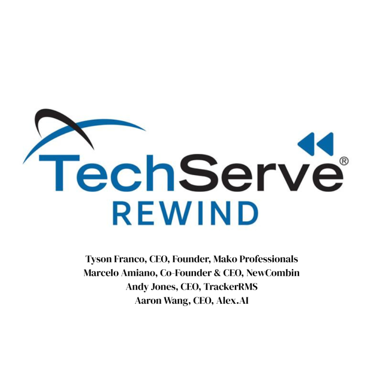 The TechServe Rewind logo features a blue arc and rewind symbol above "TechServe REWIND." Below, speakers—Tyson Franco, Marcelo Amiano, Andy Jones, and Aaron Wang—share AI recruitment insights shaping the next-gen recruiter landscape.
