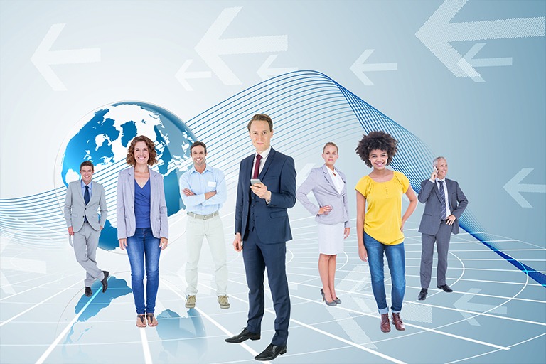 A diverse group of professionally dressed men and women stand confidently on a digital grid with a globe and white arrows in the background, symbolizing global business, teamwork, and the growing demand for IT staffing in the 2026 market.