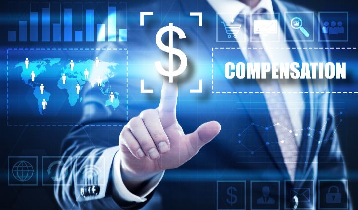 A person in a suit points at a digital screen displaying a large dollar sign and the word COMPENSATION, highlighting staffing compensation with futuristic business graphics and reflecting the latest compensation trends in the staffing industry.