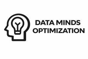 A minimalist logo showing a human head outline with a lightbulb inside, next to the bold text DATA MINDS OPTIMIZATION on a white background.