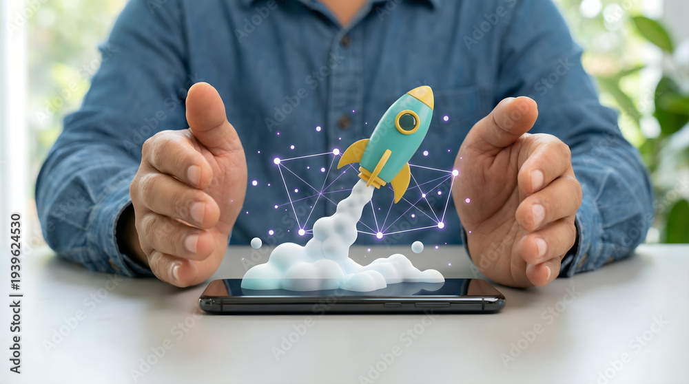 A person holds their hands around a smartphone on a table, with a digital rocket and smoke launching from the screen, symbolizing technology, innovation, startup concepts, and the importance of Business Insurance in safeguarding new ventures.