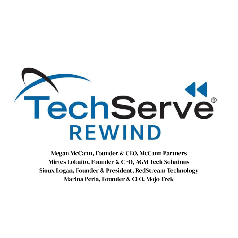 Logo for TechServe Rewind with names and titles: Megan McCann, Mirtes Lobaito, Sioux Logan, and Marina Perla, each listed as founder and executive of different tech companies.