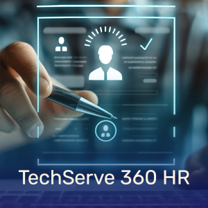 A hand holding a pen points at a glowing digital TechServe 360 HR Pro interface with a profile icon and info, while the text "TechServe 360 HR Pro" appears at the bottom.