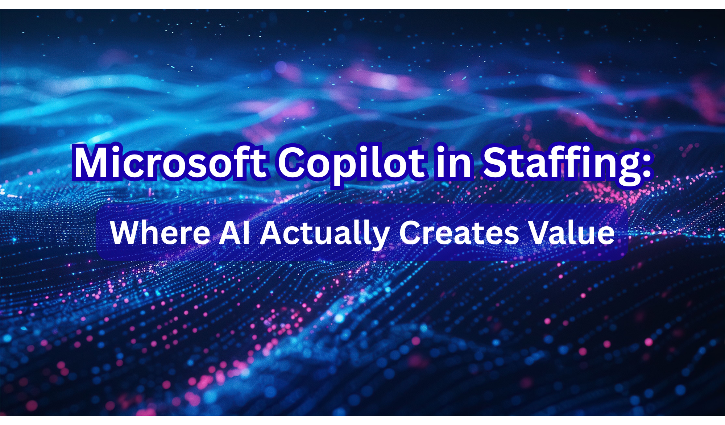 Digital background with glowing blue and pink lines and particles. Overlaid text reads: Microsoft Copilot in Staffing—where AI transforms the way staffing teams create value.