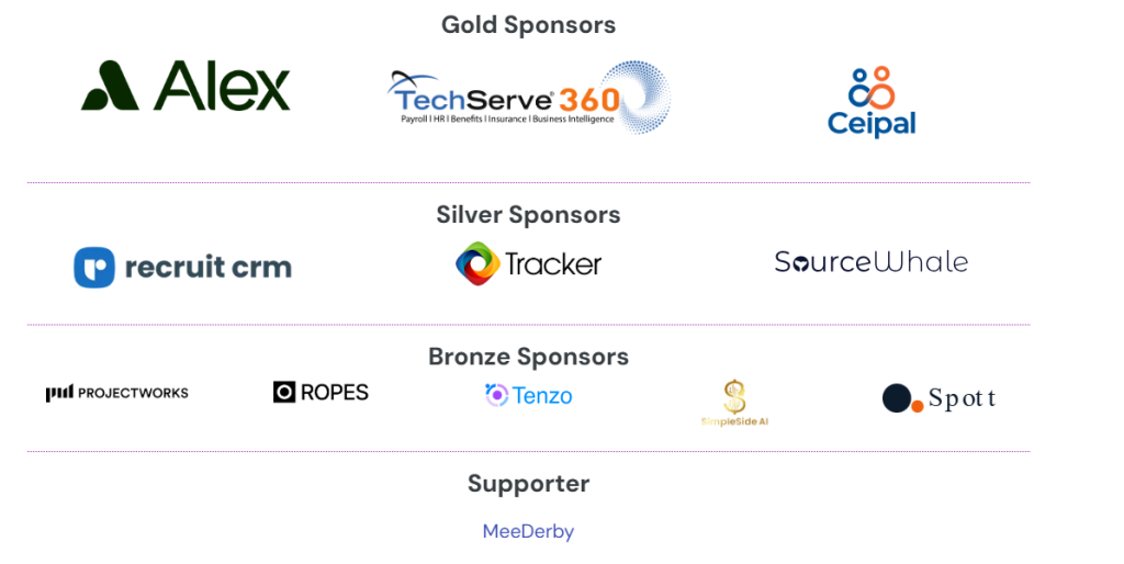 Sponsor logos are organized by tier for the staffing conference: Gold (Alex, TechServe360, Ceipal), Silver (recruit crm, Tracker, SourceWhale), Bronze (Projectworks, Ropes, Tenzo, Simpledata AI, Spott), and supporter MeeDerby.