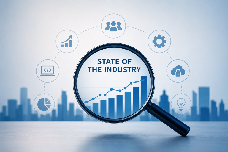 A magnifying glass focuses on a bar graph with an upward trend, labeled State of the Industry, featuring IT & Engineering Staffing icons representing business and technology concepts over a city skyline background.