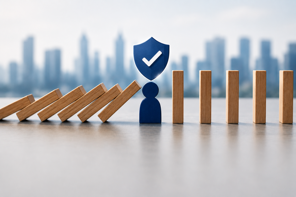 A row of wooden dominoes is falling, but a blue figure with a shield and checkmark icon—symbolizing expert risk management—stands in their path, stopping the chain reaction. A city skyline is blurred in the background.