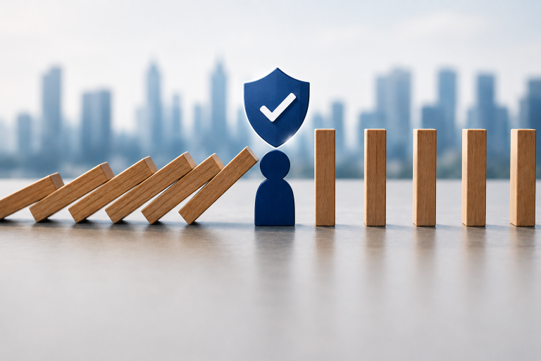 A row of wooden dominoes is falling, but a blue figure with a shield and checkmark icon—symbolizing expert risk management—stands in their path, stopping the chain reaction. A city skyline is blurred in the background.