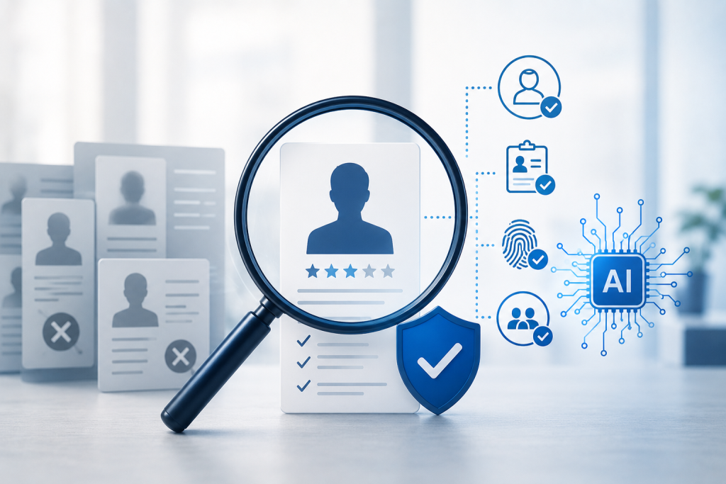 The New Candidate Reality: Why IT Staffing Firms Must Rethink Trust in the Age of AI 1 A magnifying glass hovers over a profile card with a user silhouette, star rating, and checkmark. Surrounding icons depict AI, biometrics, and recruitment processes, highlighting AI-driven candidate selection and user verification.