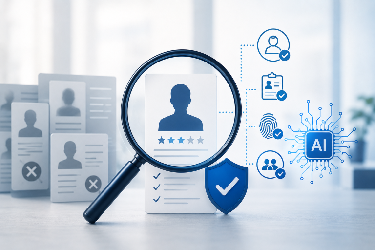 A magnifying glass hovers over a profile card with a user silhouette, star rating, and checkmark. Surrounding icons depict AI, biometrics, and recruitment processes, highlighting AI-driven candidate selection and user verification.
