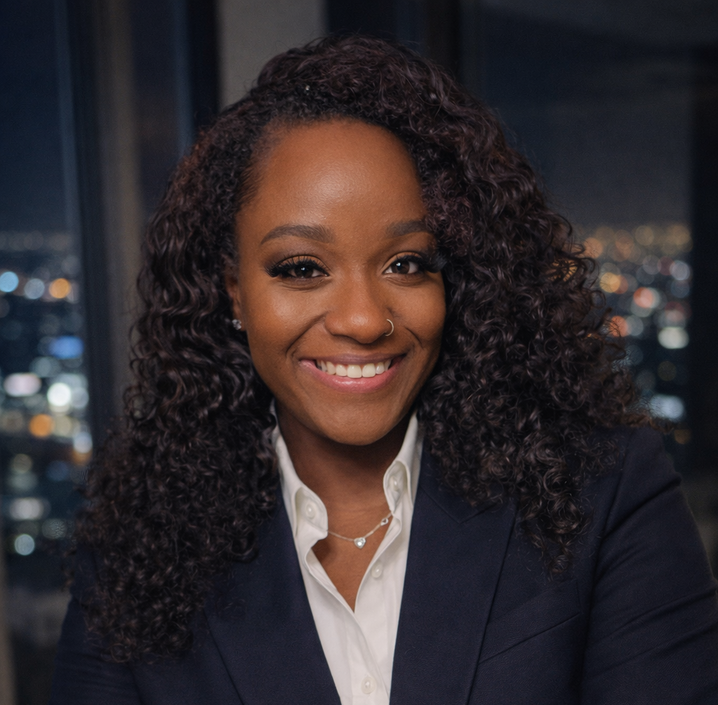 A woman with curly hair, wearing a dark blazer and white shirt, smiles at the camera. She has a nose ring and necklace. City lights add London Luster to the night, shimmering through the window behind her.
