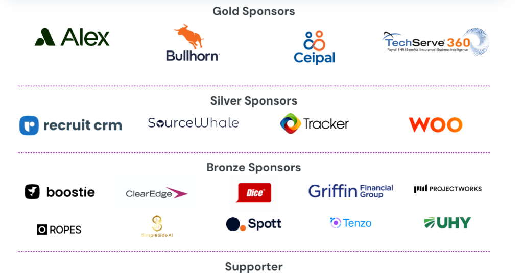 Logos of companies grouped as Gold, Silver, and Bronze sponsors, plus one supporter for the staffing conference. Gold sponsors include Alex, Bullhorn, Ceipal, and TechServe 360. Silver, Bronze, and one supporter are also listed.