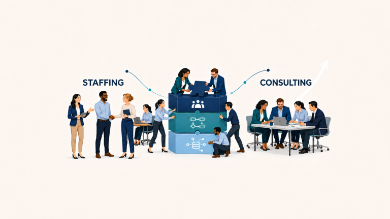 A group of professionals collaborates around desks under the labels Staffing and Consulting, with icons and arrows connecting the two teams, symbolizing effective consulting strategies, teamwork, and business solutions.