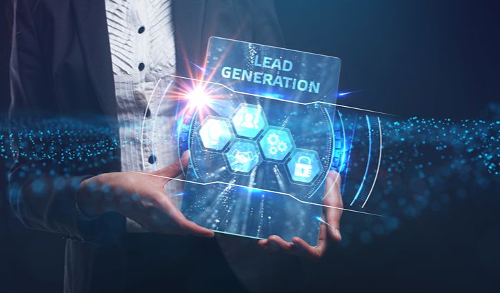 A person in business attire holds a transparent digital display with the words Lead Generation and hexagonal icons, symbolizing marketing technology and enhanced visibility, against a blue futuristic background with particle effects.