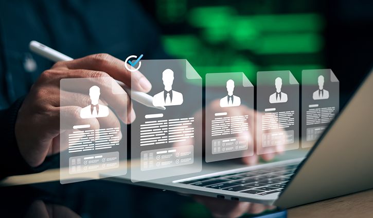 A person using a laptop reviews digital profiles with icons resembling resumes or candidate profiles displayed as transparent overlays, highlighting the surge in tech job growth amid increasing candidate frustration.