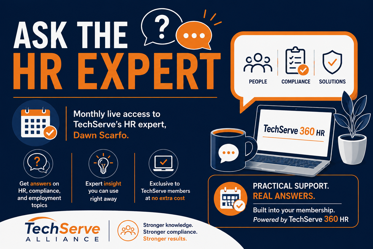 Infographic for TechServe Alliance’s Ask the HR Expert features monthly live HR sessions led by HR expert Dawn Scarfo, offering expert insights, exclusive member access, and practical HR support, with icons representing people, compliance, and solutions.