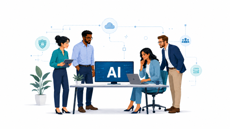 Four professionals discuss AI at a desk with a computer displaying AI. Digital icons and connections are in the background, suggesting technology and collaboration as they consider how an AI workforce may redesign the workforce of the future.