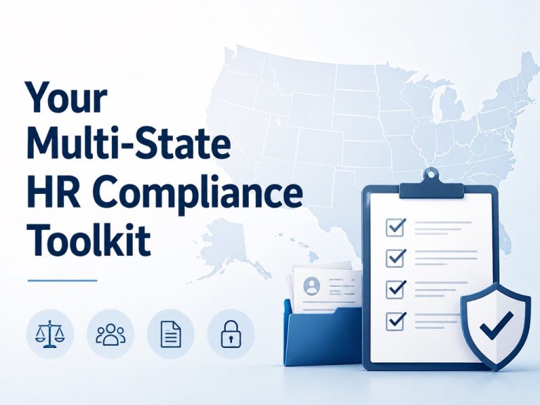 Text reads: Your Multi-State HR Compliance Toolkit. A clipboard with checkmarks, shield, folder with ID, and icons for HR law, people, documents, and security appear in front of a faded US map.