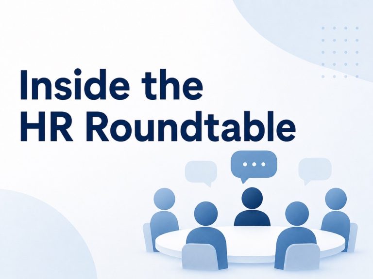 Illustration of five people sitting around a round table with speech bubbles above them, accompanied by the text HR Roundtable in bold letters. The background is white with light blue accents, highlighting a discussion focused on managing compliance and multi-state compliance challenges within HR.