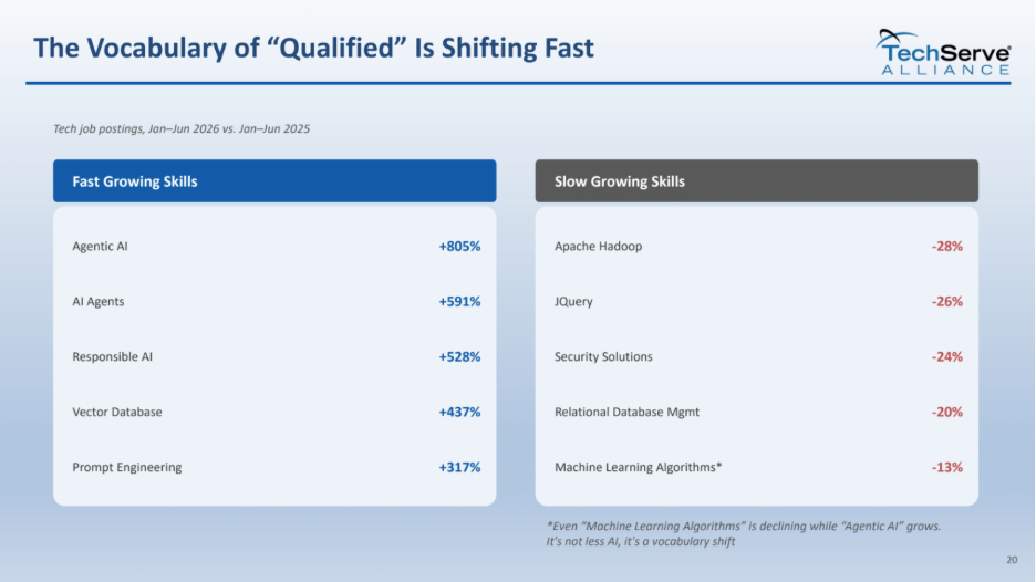 Why Is Tech Hiring Demand Rising While Candidates Still Struggle to Find Jobs? 4 A chart highlights fast-growing skills like Agentic AI (+805%) and slow-growing skills like Apache Hadoop (-28%) in tech job postings from Jan-Jun 2024 vs Jan-Jun 2023, illustrating the shifting landscape of tech hiring demand. The TechServe Alliance logo is in the upper right.