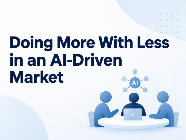 Three abstract figures sit at a round table with a laptop, embodying the spirit of a Marketing Roundtable. Above them, a central AI icon and network nodes symbolize collaboration in an AI-Driven Market. The text reads, Doing More With Less in an AI-Driven Market.